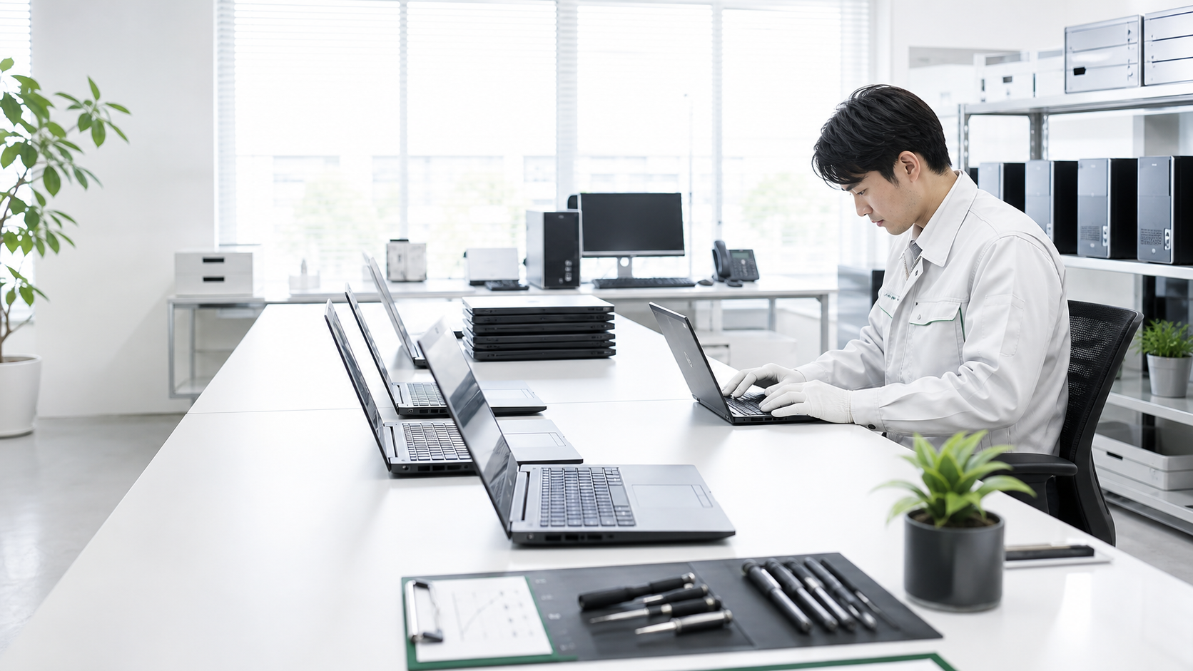 整備済み中古パソコンの検査と準備を行う明るい作業風景